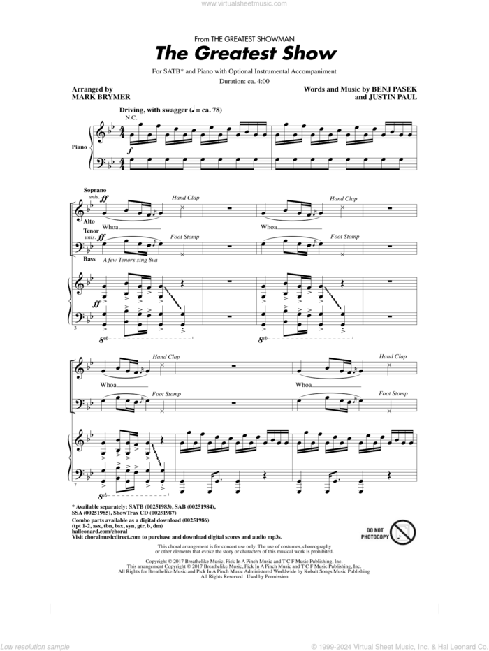 The Greatest Show (from The Greatest Showman) (arr. Mark Brymer) sheet music for choir (SATB: soprano, alto, tenor, bass) by Pasek & Paul, Mark Brymer, Benj Pasek, Justin Paul and Ryan Lewis, intermediate skill level