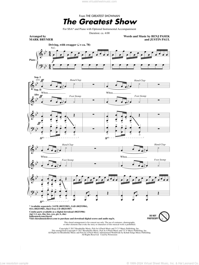 The Greatest Show (from The Greatest Showman) (arr. Mark Brymer) sheet music for choir (SSA: soprano, alto) by Pasek & Paul, Mark Brymer, Benj Pasek, Justin Paul and Ryan Lewis, intermediate skill level