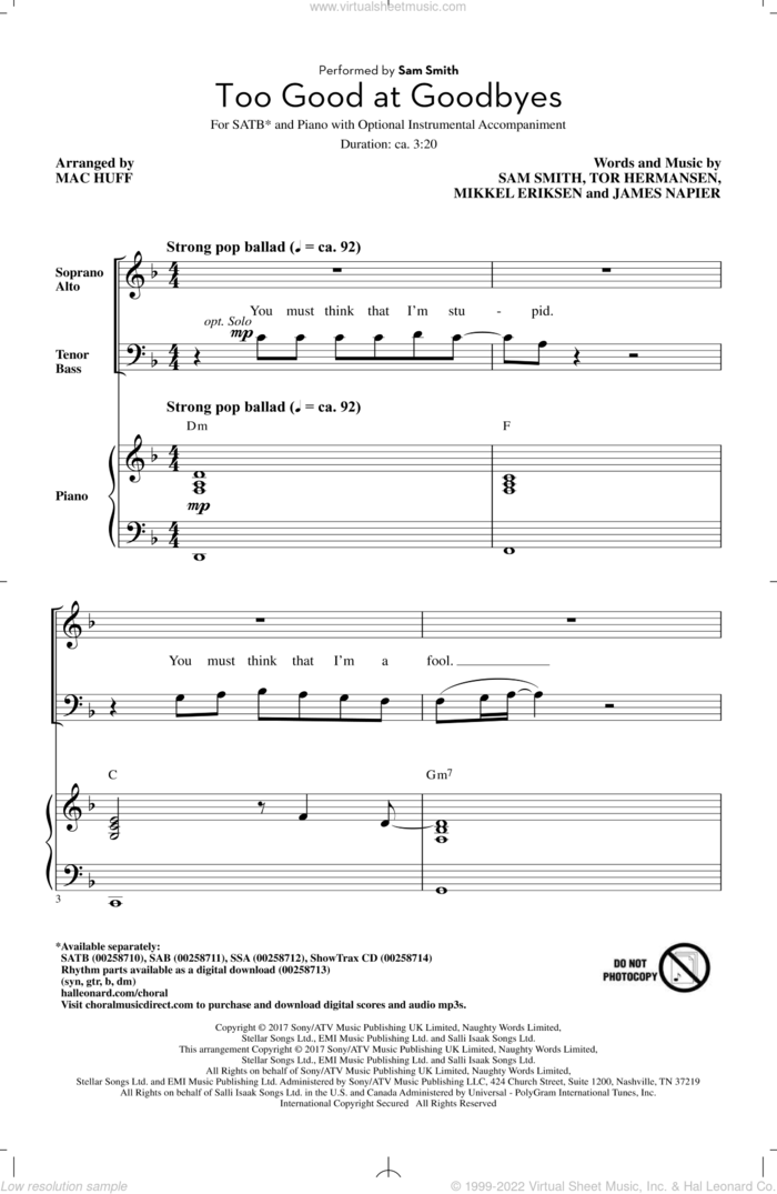 Too Good At Goodbyes sheet music for choir (SATB: soprano, alto, tenor, bass) by Sam Smith, Mac Huff, James Napier, Mikkel Eriksen and Tor Erik Hermansen, intermediate skill level
