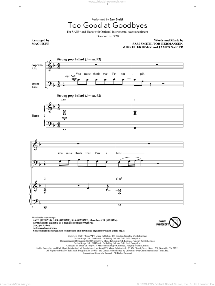 Too Good At Goodbyes sheet music for choir (SATB: soprano, alto, tenor, bass) by Sam Smith, Mac Huff, James Napier, Mikkel Eriksen and Tor Erik Hermansen, intermediate skill level