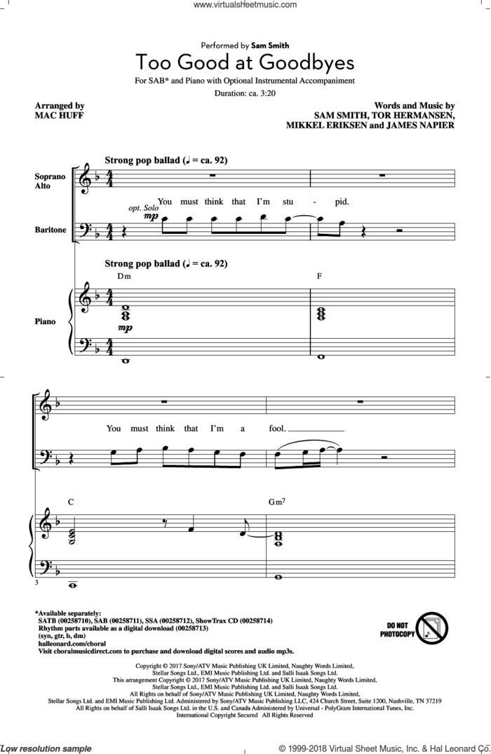 Too Good At Goodbyes sheet music for choir (SAB: soprano, alto, bass) by Sam Smith, Mac Huff, James Napier, Mikkel Eriksen and Tor Erik Hermansen, intermediate skill level