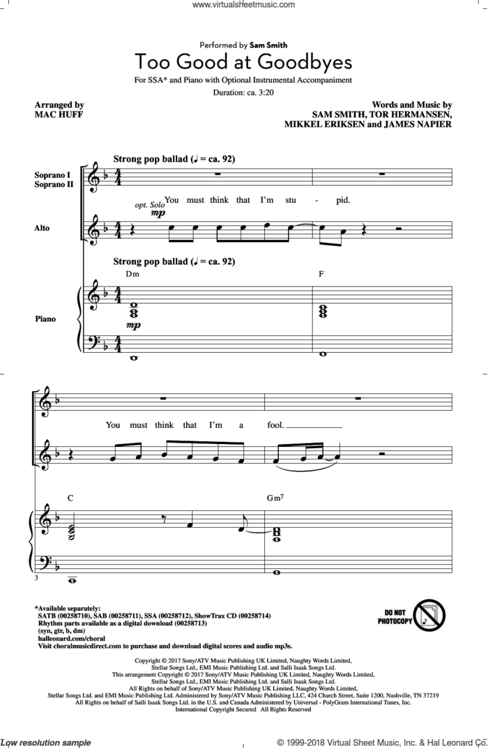 Too Good At Goodbyes sheet music for choir (SSA: soprano, alto) by Sam Smith, Mac Huff, James Napier, Mikkel Eriksen and Tor Erik Hermansen, intermediate skill level