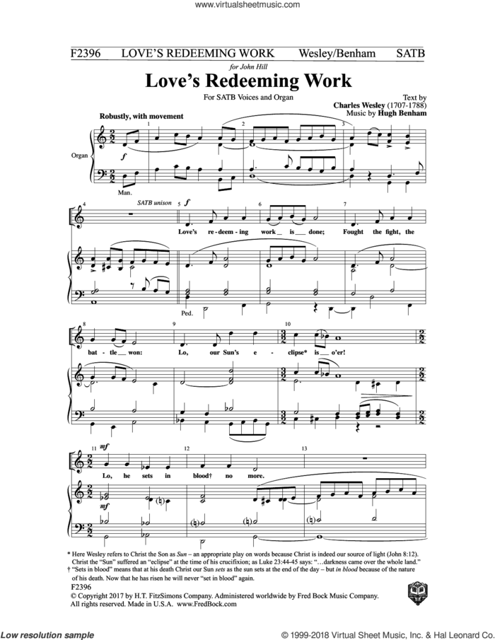 Love's Redeeming Work sheet music for choir (SATB: soprano, alto, tenor, bass) by Charles Wesley and Hugh Benham, intermediate skill level