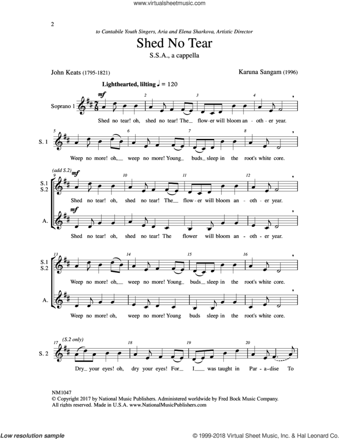 Shed No Tear sheet music for choir (SSA: soprano, alto) by John Keats and Karuna Sangam, intermediate skill level