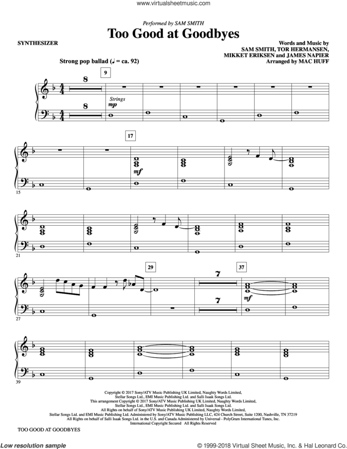 Too Good at Goodbyes (complete set of parts) sheet music for orchestra/band by Mac Huff, James Napier, Mikkel Eriksen, Sam Smith and Tor Erik Hermansen, intermediate skill level