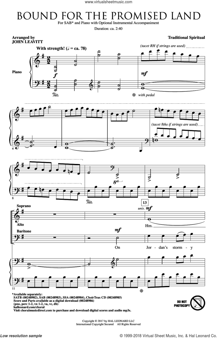 Bound For The Promised Land sheet music for choir (SAB: soprano, alto, bass) by John Leavitt and Miscellaneous, intermediate skill level
