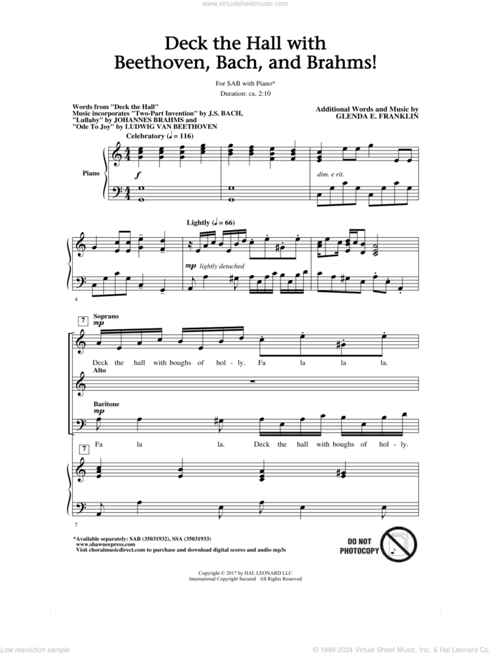 Deck The Hall With Beethoven, Bach, and Brahms! sheet music for choir (SAB: soprano, alto, bass) by Johann Sebastian Bach, Glenda E. Franklin, Johannes Brahms and Ludwig van Beethoven, intermediate skill level