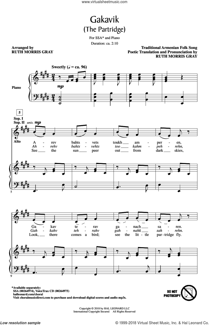 Gakavik (The Partridge) sheet music for choir (SSA: soprano, alto) by Ruth Morris Gray and Traditional Armenian Folk Song, intermediate skill level
