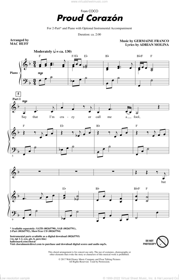 Proud Corazon (from Coco) (arr. Mac Huff) sheet music for choir (2-Part) by Germaine Franco, Mac Huff, Adrian Molina and Germaine Franco & Adrian Molina, intermediate duet