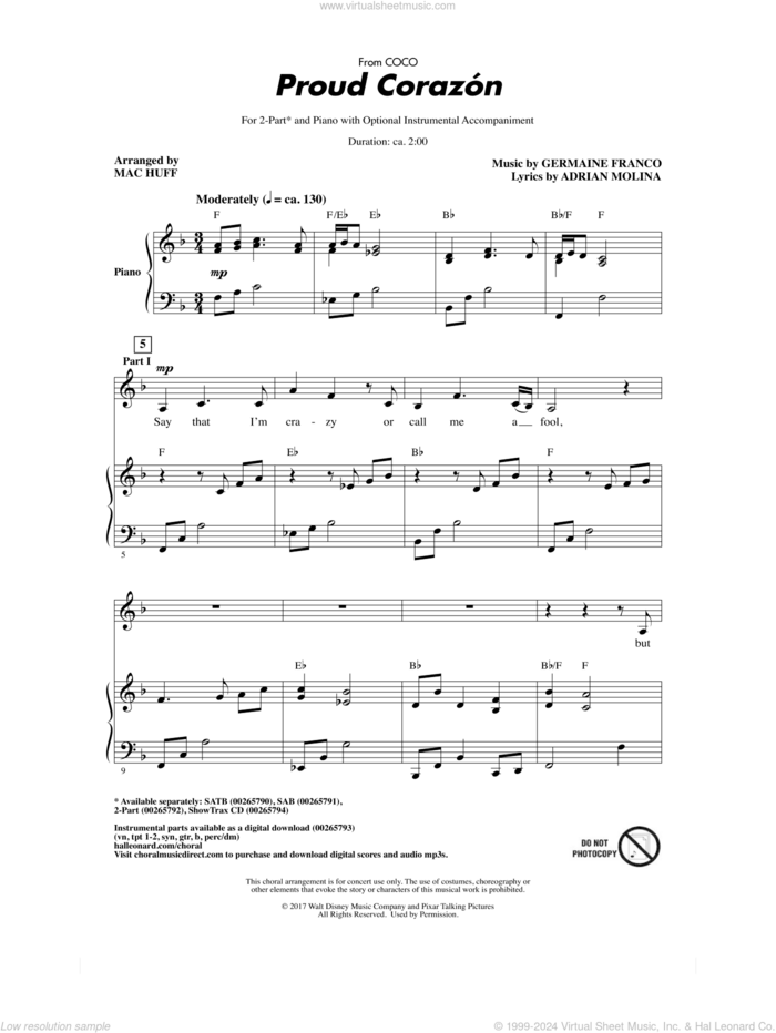 Proud Corazon (from Coco) (arr. Mac Huff) sheet music for choir (2-Part) by Germaine Franco, Mac Huff, Adrian Molina and Germaine Franco & Adrian Molina, intermediate duet