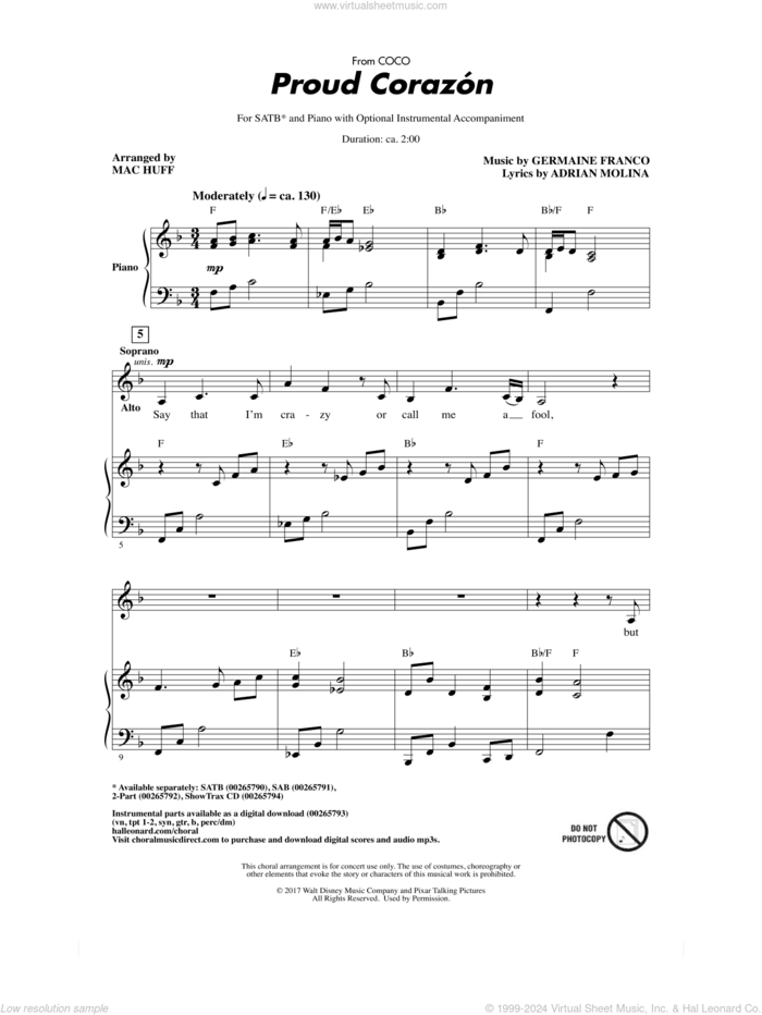 Proud Corazon (from Coco) (arr. Mac Huff) sheet music for choir (SATB: soprano, alto, tenor, bass) by Germaine Franco, Mac Huff, Adrian Molina and Germaine Franco & Adrian Molina, intermediate skill level