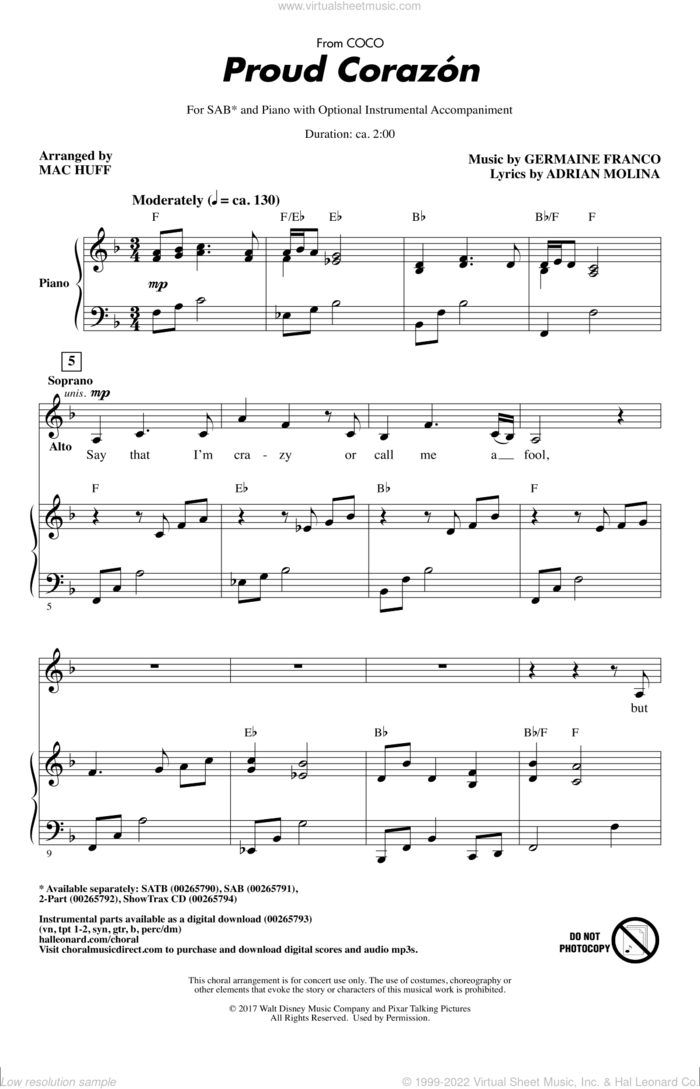 Proud Corazon (from Coco) (arr. Mac Huff) sheet music for choir (SAB: soprano, alto, bass) by Germaine Franco, Mac Huff, Adrian Molina and Germaine Franco & Adrian Molina, intermediate skill level