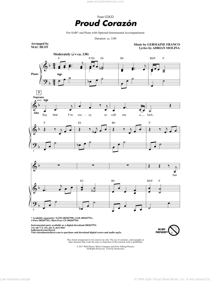 Proud Corazon (from Coco) (arr. Mac Huff) sheet music for choir (SAB: soprano, alto, bass) by Germaine Franco, Mac Huff, Adrian Molina and Germaine Franco & Adrian Molina, intermediate skill level