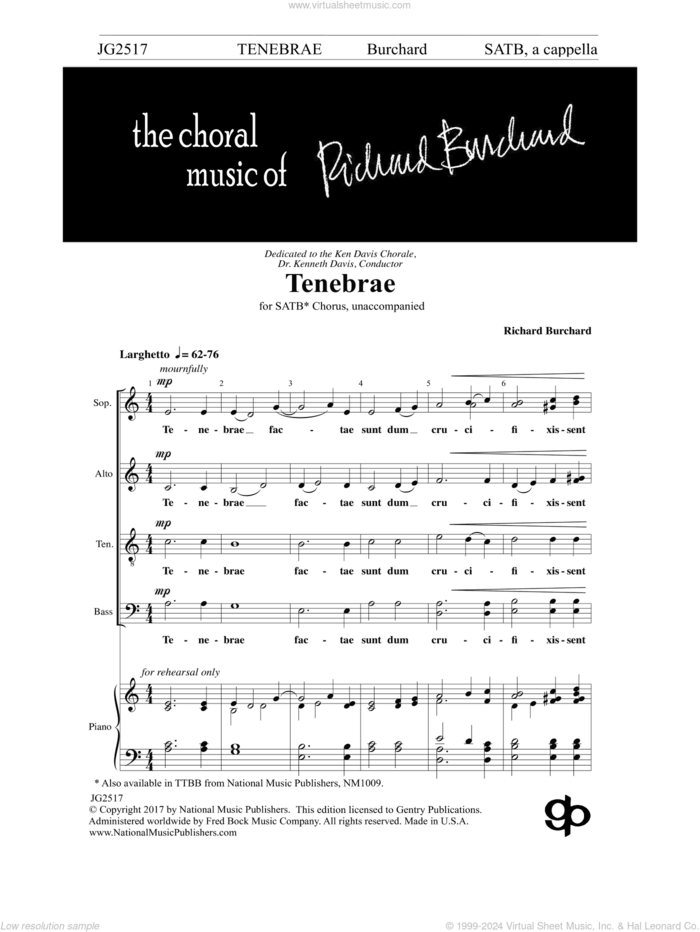 Tenebrae sheet music for choir (SATB: soprano, alto, tenor, bass) by Richard Burchard, intermediate skill level