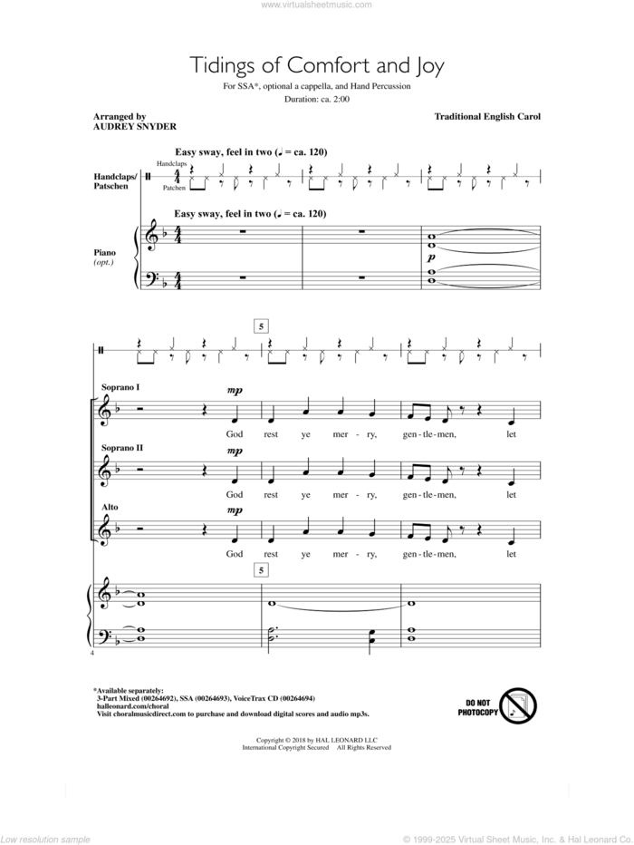 Tidings Of Comfort And Joy sheet music for choir (SSA: soprano, alto) by Audrey Snyder and Miscellaneous, intermediate skill level