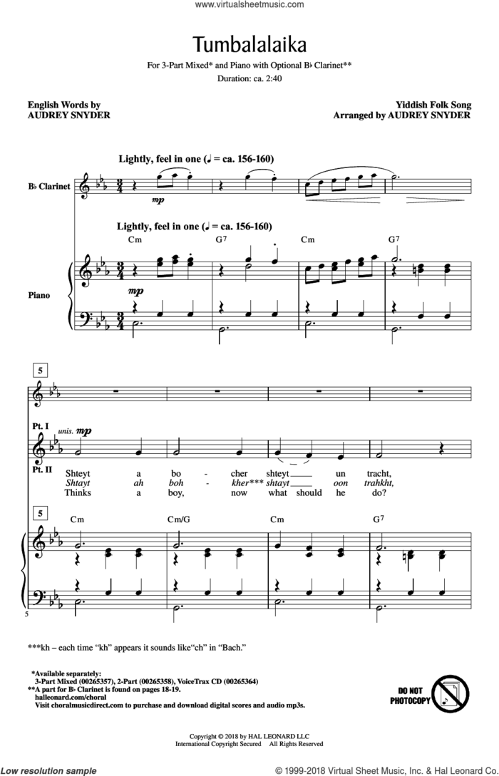 Tumbalalaika sheet music for choir (3-Part Mixed) by Audrey Snyder and Yiddish Folk Song, intermediate skill level