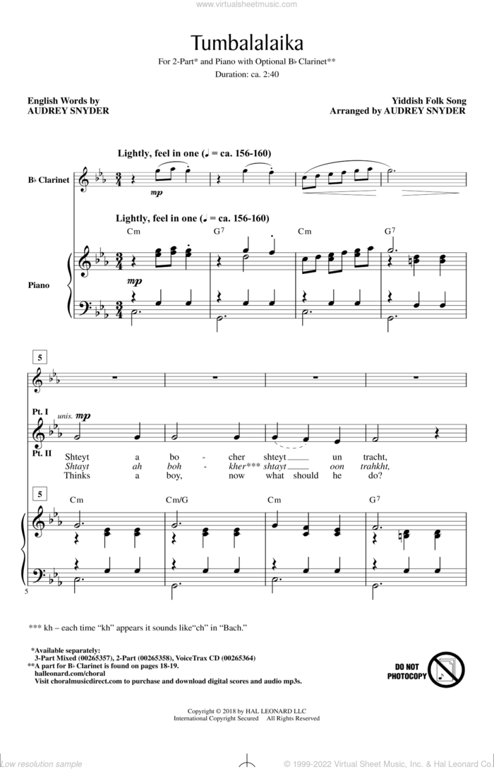 Tumbalalaika sheet music for choir (2-Part) by Audrey Snyder and Yiddish Folk Song, intermediate duet