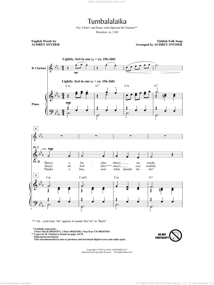 Tumbalalaika sheet music for choir (2-Part) by Audrey Snyder and Yiddish Folk Song, intermediate duet