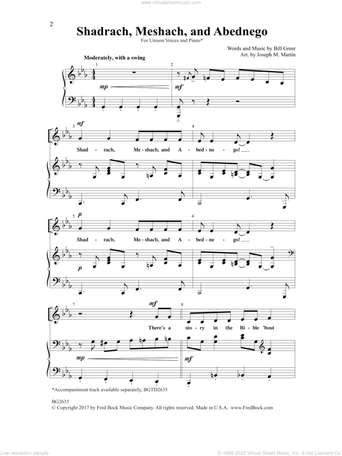 Shadrach, Meshach and Abednego sheet music for choir (Unison) by Joseph M. Martin and Bill Greer, intermediate skill level