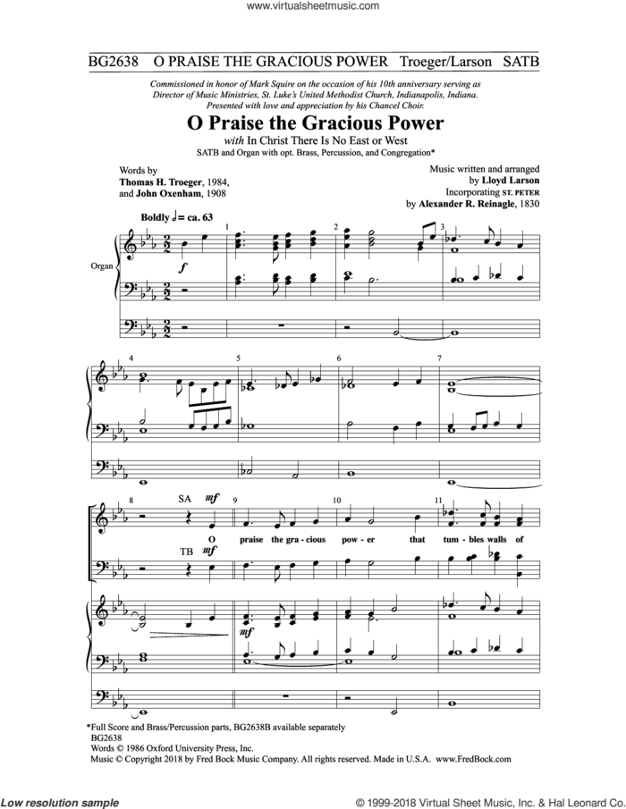 O Praise the Gracious Power sheet music for choir (SATB: soprano, alto, tenor, bass) by John Oxenham, Lloyd Larson and Thomas H. Troeger, intermediate skill level