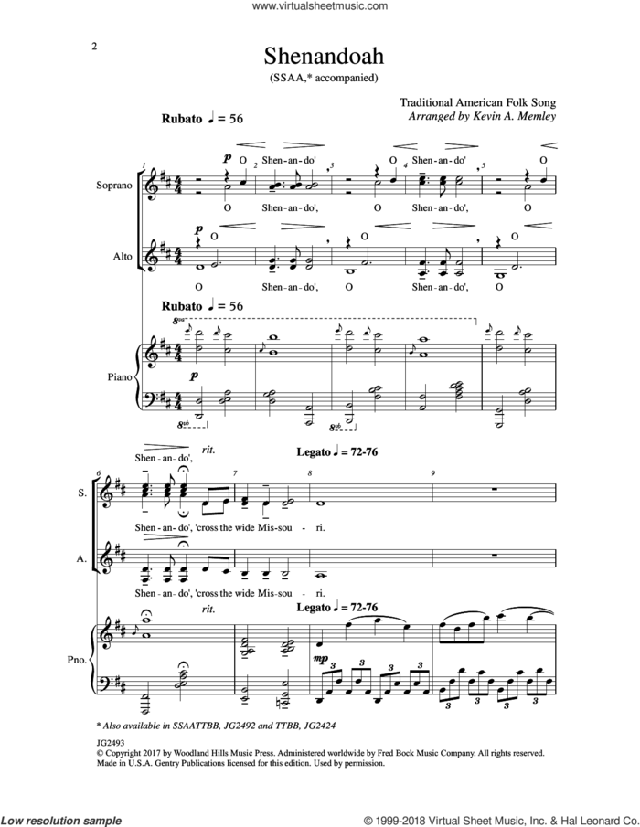 Shenandoah sheet music for choir (SSAA: soprano, alto) by Kevin A. Memley, intermediate skill level