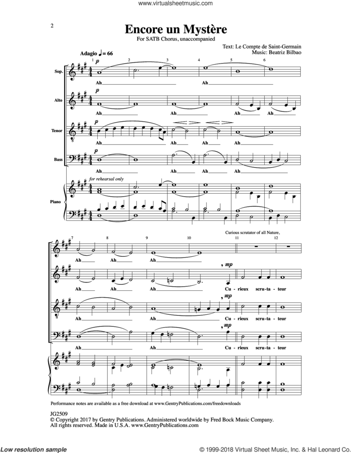 Encore un Mystere sheet music for choir (SATB: soprano, alto, tenor, bass) by Beatriz Bilbao, intermediate skill level