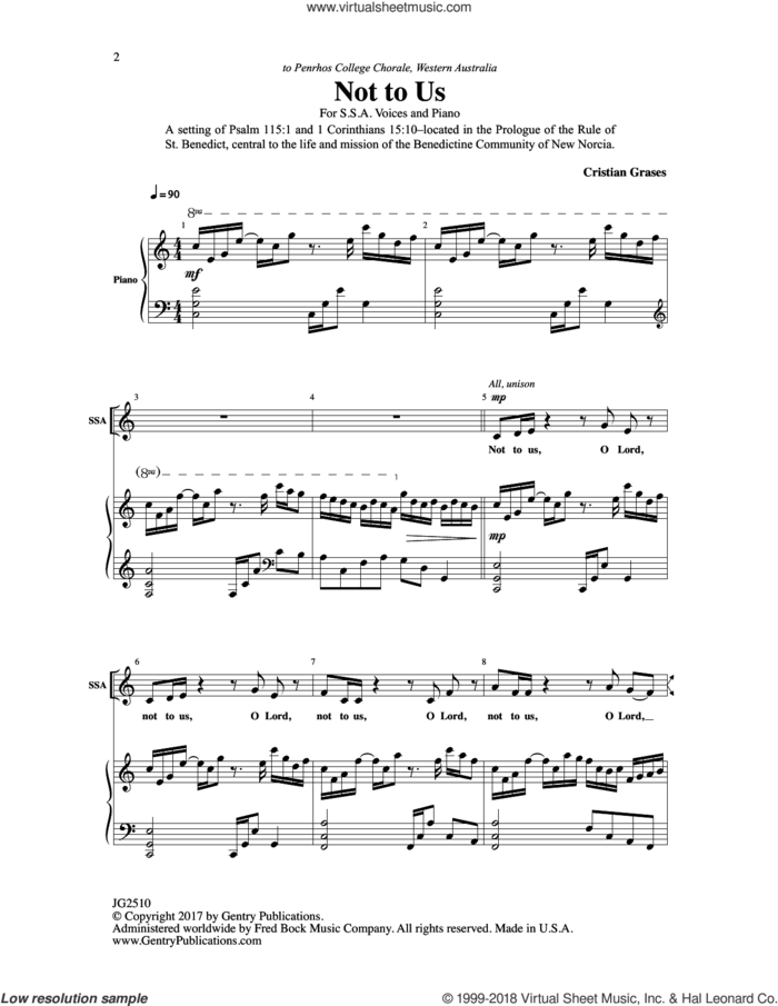 Not to Us sheet music for choir (SSA: soprano, alto) by Cristian Grases, intermediate skill level