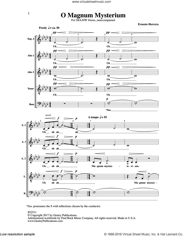 O Magnum Mysterium sheet music for choir (SSAATB) by Ernesto Herrera, intermediate skill level