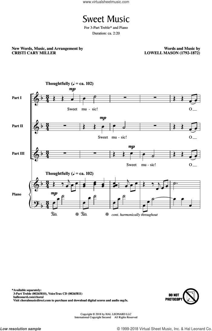 Sweet Music sheet music for choir (3-Part Treble) by Lowell Mason and Cristi Cary Miller, intermediate skill level