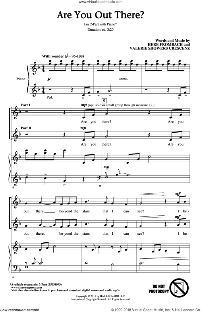 Are You Out There? sheet music for choir (2-Part) by Valerie Crescenz and Herb Frombach, intermediate duet