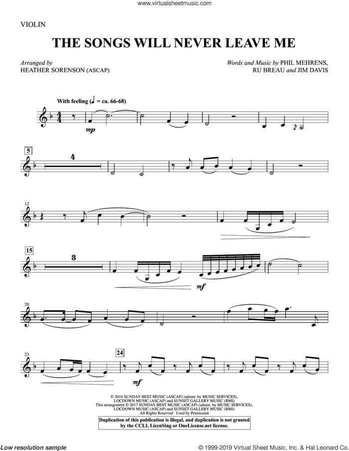 The Songs Will Never Leave Me (complete set of parts) sheet music for orchestra/band by Heather Sorenson, Jim Davis, Jim E. Davis, Phil Mehrens and Ru Breau, intermediate skill level