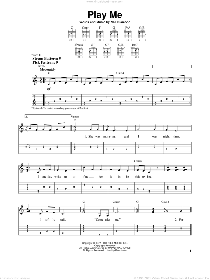 Play Me sheet music for guitar solo (easy tablature) by Neil Diamond, easy guitar (easy tablature)