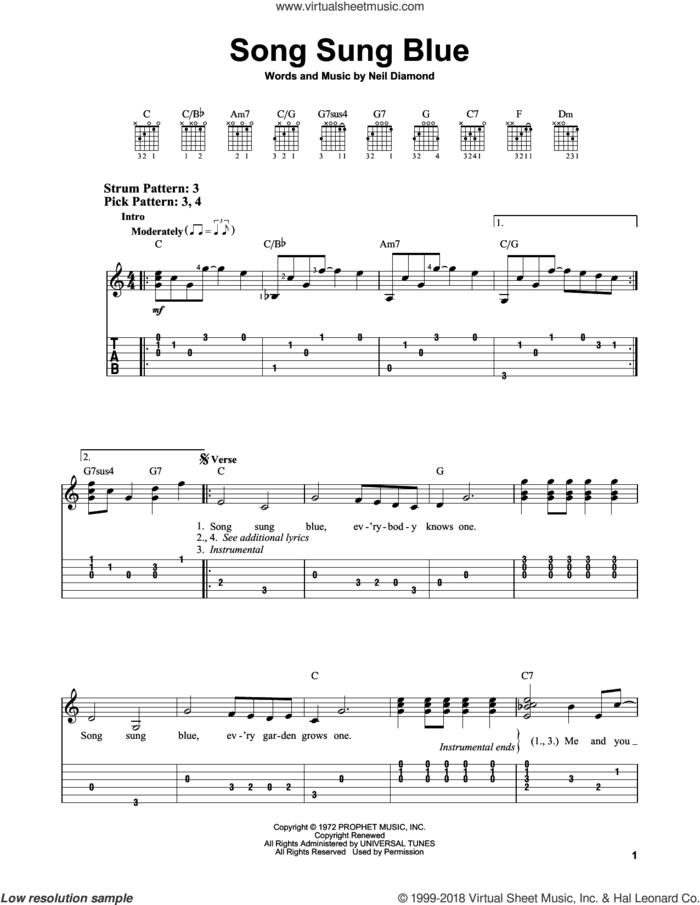 Song Sung Blue sheet music for guitar solo (easy tablature) by Neil Diamond, easy guitar (easy tablature)