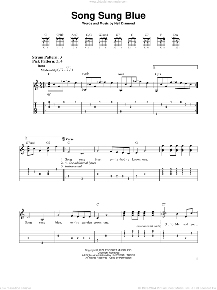 Song Sung Blue sheet music for guitar solo (easy tablature) by Neil Diamond, easy guitar (easy tablature)