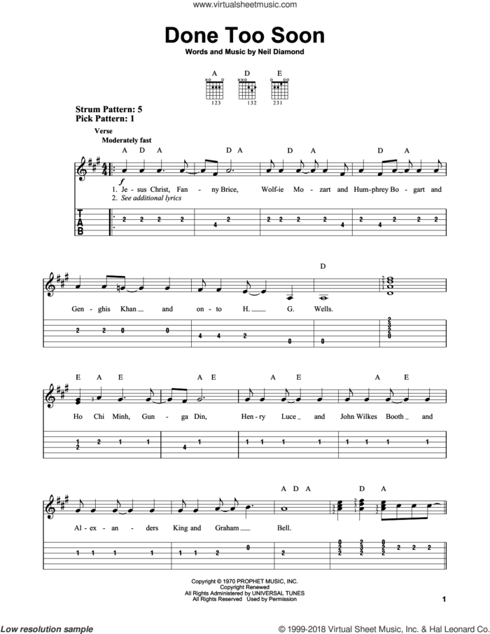 Done Too Soon sheet music for guitar solo (easy tablature) by Neil Diamond, easy guitar (easy tablature)