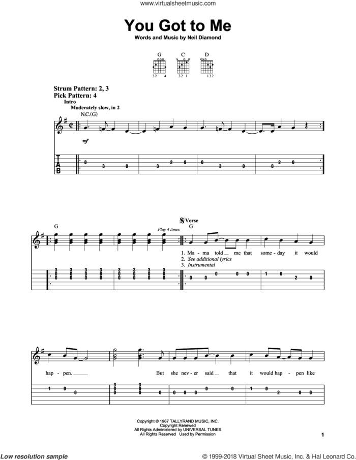 You Got To Me sheet music for guitar solo (easy tablature) by Neil Diamond, easy guitar (easy tablature)