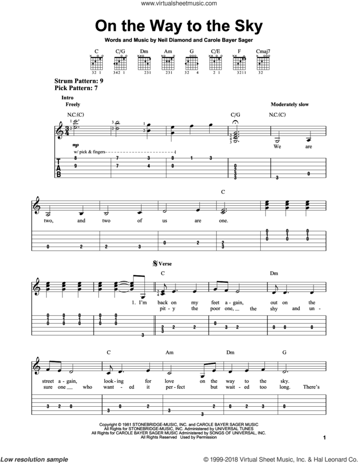 On The Way To The Sky sheet music for guitar solo (easy tablature) by Neil Diamond and Carole Bayer Sager, easy guitar (easy tablature)