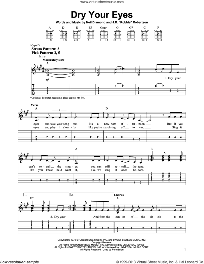 Dry Your Eyes sheet music for guitar solo (easy tablature) by Neil Diamond and J.R. 'Robbie' Robertson, easy guitar (easy tablature)