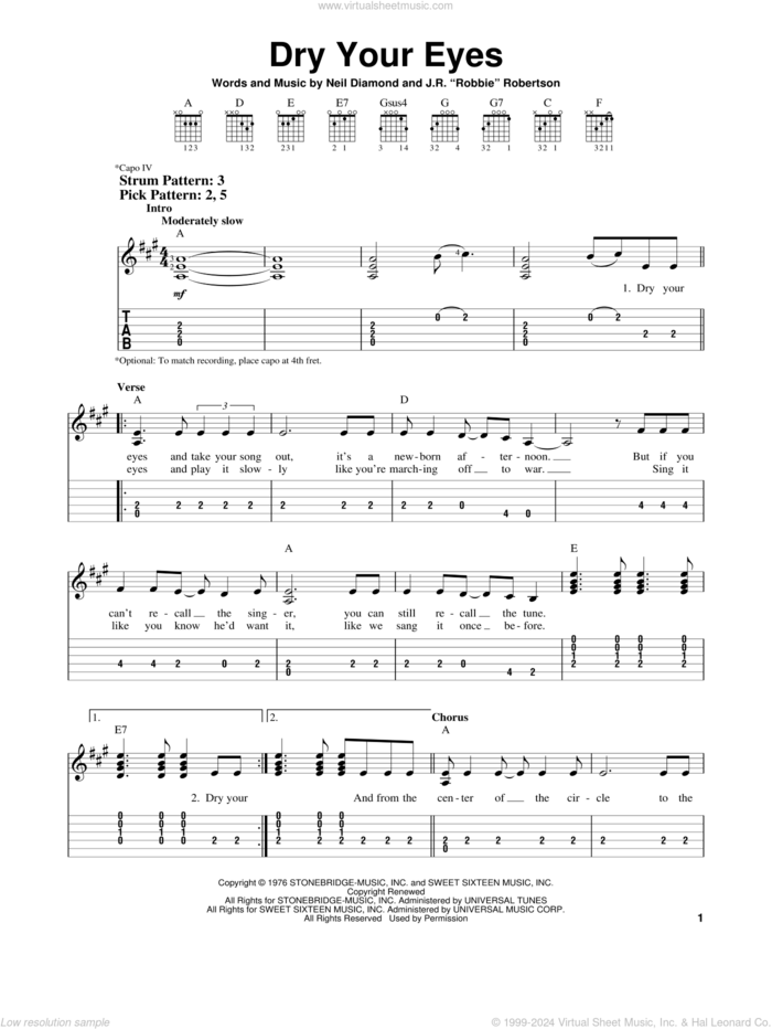 Dry Your Eyes sheet music for guitar solo (easy tablature) by Neil Diamond and J.R. 'Robbie' Robertson, easy guitar (easy tablature)