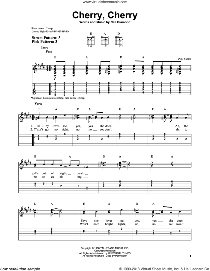 Cherry, Cherry sheet music for guitar solo (easy tablature) by Neil Diamond, easy guitar (easy tablature)