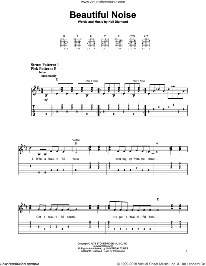 Beautiful Noise sheet music for guitar solo (easy tablature) by Neil Diamond, easy guitar (easy tablature)