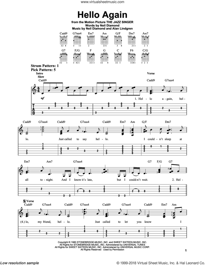 Hello Again sheet music for guitar solo (easy tablature) by Neil Diamond and Alan Lindgren, easy guitar (easy tablature)