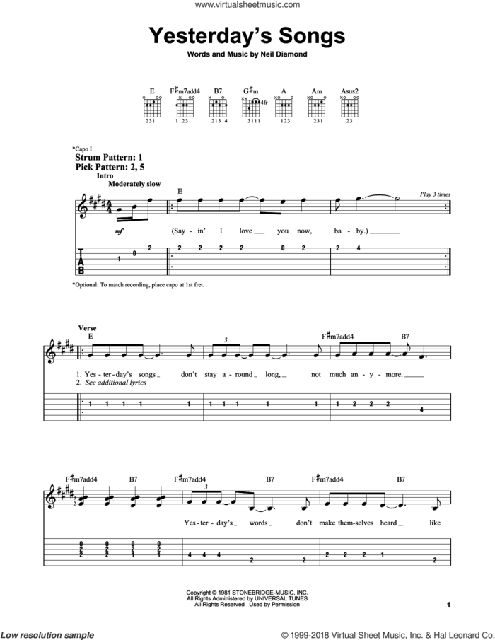 Yesterday's Songs sheet music for guitar solo (easy tablature) by Neil Diamond, easy guitar (easy tablature)