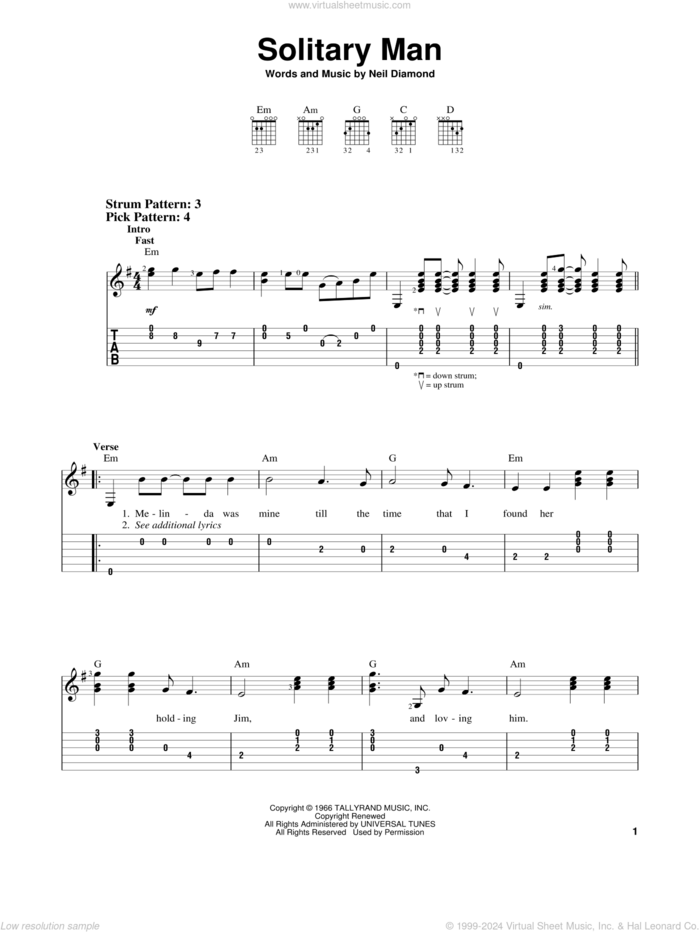 Solitary Man sheet music for guitar solo (easy tablature) by Neil Diamond, easy guitar (easy tablature)