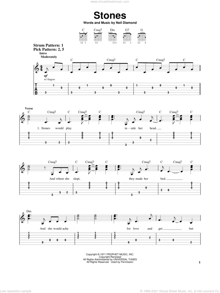 Stones sheet music for guitar solo (easy tablature) by Neil Diamond, easy guitar (easy tablature)