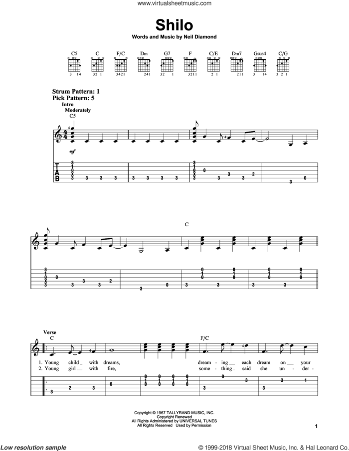 Shilo sheet music for guitar solo (easy tablature) by Neil Diamond, easy guitar (easy tablature)