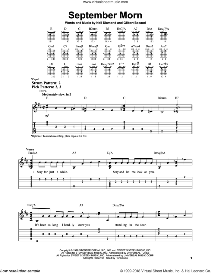September Morn sheet music for guitar solo (easy tablature) by Neil Diamond and Gilbert Becaud, easy guitar (easy tablature)