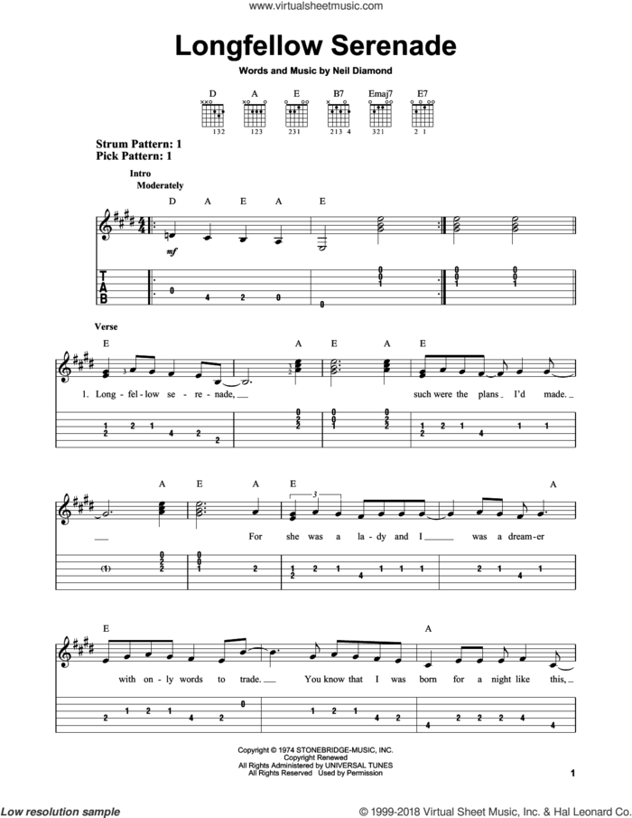 Longfellow Serenade sheet music for guitar solo (easy tablature) by Neil Diamond, easy guitar (easy tablature)