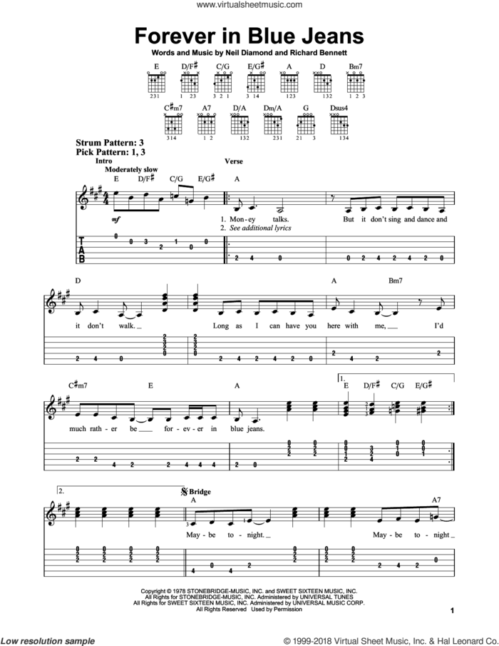 Forever In Blue Jeans sheet music for guitar solo (easy tablature) by Neil Diamond and Richard Bennett, easy guitar (easy tablature)