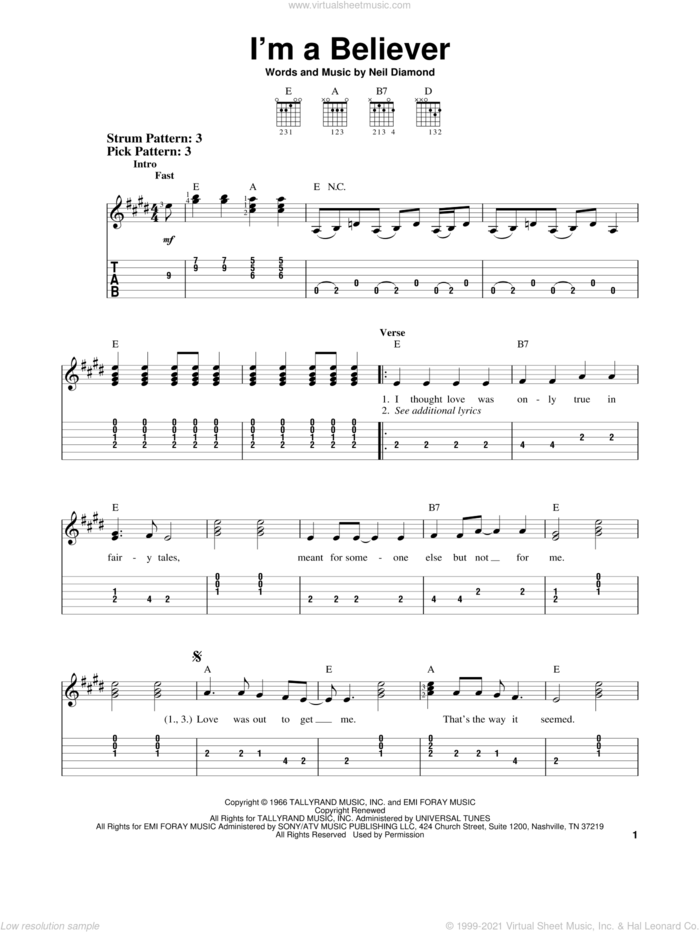 I'm A Believer sheet music for guitar solo (easy tablature) by Neil Diamond, easy guitar (easy tablature)